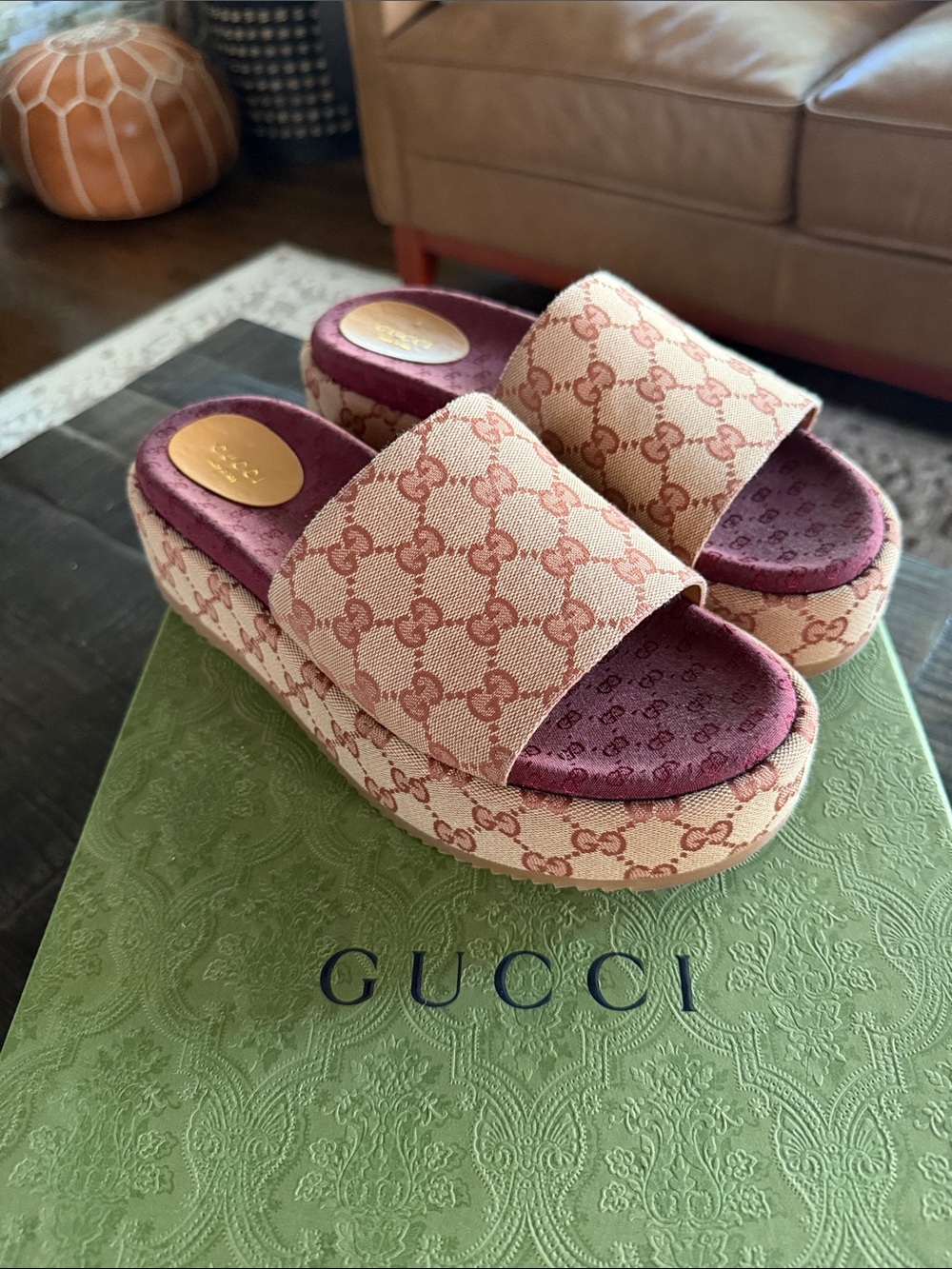 Gucci GG Canvas Platform Slide with Plum Footbed